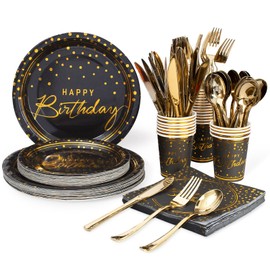 175PCS Happy Birthday Disposable Dinnerware Set Party Supplies, Paper Black Gold Plates and Napkins with Gold Plastic Forks Knives Spoons Serve 25 Guests for Birthday Party Decoration