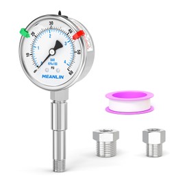 MEANLIN MEASURE 0~60Psi Heater Heavy Liquid Filled Pressure Gauge 1/4" NPT 2.5" FACE DIAL 316 Stainless Steel Joint Lower Mount for Pressure Portable Oil Fired Heaters, with Hex Bushing