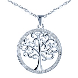 MOOFUN Cubic Zirconia Tree of Life Silver Necklace 925 Sterling Silver Women's Jewellery Chain with Pendant Elegant Packaging Gifts for Her Women Girlfriend Mum Birthday Christmas Day Valentine's Day,