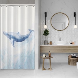 ASDCXZ Whale Shower Curtain 120 x 200 cm, Modern Art Watercolour Blue Whale Ocean Animal White Bathroom Washable Narrow Shower Curtains Polyester Textile Waterproof Shower Curtain for Bath with 8