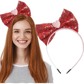 Valentine's Day Headband Bow Headband Heart-shaped Glitter Hairband (Red, One size)