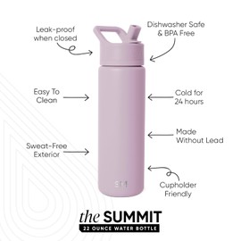 Simple Modern Water Bottle with Straw Lid Vacuum Insulated Stainless Steel Metal Cup Bottles | Reusable Leak Proof BPA-Free Flask for Gym, Travel, Sports | Summit Collection | 22oz, Lavender Mist