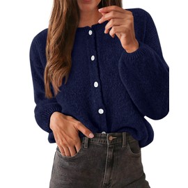 KIRUNDO Women’s Cardigans Casual Loose Button Up Long Sleeve Crewneck Knit Cardigan Sweaters Open Front Outerwear Coats(Navy Blue, Medium)