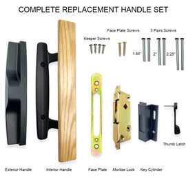 ALLYWASAI Patio Sliding Patio Door Handle Set with Mortise Lock, Key Cylinder and Keeper, Wood Handle Lock Set Fits Door Thickness from 1-1/2" to 1-3/4", 3-15/16" Screw Hole Spacing, Keyed, Black