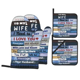 Socira to My Wife Oven Mitts and Pot Holder Sets, Heat Resistant Oven Gloves and Hot Pads for Wife, Non Slip Thick 4 Pcs Microwave Gloves and Potholders for Kitchen Cooking Grilling Backing