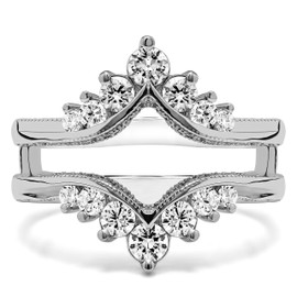 TwoBirch Sterling Silver Chevron Vintage Ring Guard with Millgrained Edges and Filigree Cut Out Design With Cubic Zirconia (0.74 ct., Size 7)