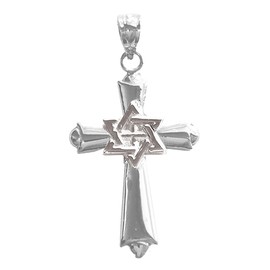 Jewels Obsession Messianic Cross Star Of David Pendant | Rhodium-plated 925 Sterling Silver 925 Cross With Star Of David Pendant