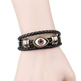 JczR.Y Leather Evil Eye Bracelet Bangle Punk Braided Leather Blue Eye Bracelet Cuff for Women Men Multi-layer Adjustable Wristband Jewelry(red)