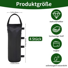 Huotflame Gazebo Weights Set of 4 Sandbags - Black PVC Tent Weights 50 x 20 cm - Weatherproof Sandbag Weights with Velcro and Carry Handle - Stabilisation for Gazebo, Garden, Beach, Mar