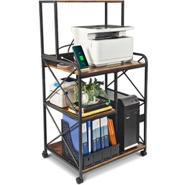 FLYZC Printer Stand, Large Printer Stand with Storage, 23 x 18 Inch Printer Table for Home Office, 4 Tier Home Printer Cart with Wheels & Socket, Computer Tower Stand, Vintage Brown