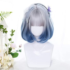Short Bob Wig, Full Wig, Stylish, Cute, One Curl Wig, Popular, Small Facial Effect, Feminine Bob, Women's, Fiber Natural Wig (Silver & Blue)