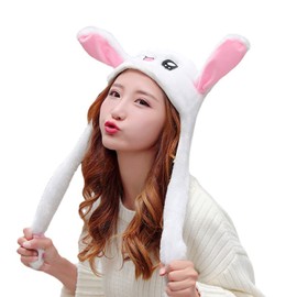 Plush Bunny Hat with Moving Ears White Kawaii Rabbit Hat Funny Floppy Ear Hat for Boys Girls and Women Cosplay Anime Costume for Kids Easter Christmas Birthday Party Gifts