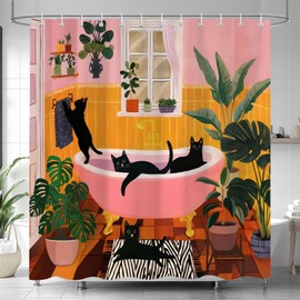 Funny Cat Shower Curtain‌, ‌Cute Humorous Black Cat Matisse Shower Curtains for Bathroom‌, ‌Fun Animal Kitten Green Tropical Plant Pink Orange Decor Fabric Shower Curtain Sets 12 Hooks 72X72IN