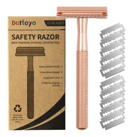 Double Edge Safety Razor, Reusable Metal Razor for Men & Women, Eco-Friendly Razor with 10 Double Edge Safety Razor Blades, No Plastic (Rose Gold)