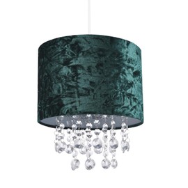Modern Designer Forest Green Crushed Velvet Fabric Pendant Light Shade with Hanging Waterfall Transparent Acrylic Droplets | 25cm Diameter by Happy Homewares