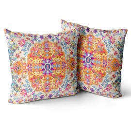 Snycler Orange Blue Ethnic Boho Pillow Covers 20x20 in Bohemian Carpet Cream Coral Floral Decorative Couch Pillow Cases with Zipper Set of 2 Home Decor for Living Room Bedroom Bed Cushion Outdoor