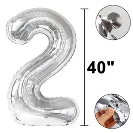40 Inch Silver Number 2 Balloon Giant foil balloons numbers Silver 2th Birthday Balloon For Boy Girl Decorations 2 12 21st 22th Party Celebration Decorations Graduations Anniversary Baby Shower