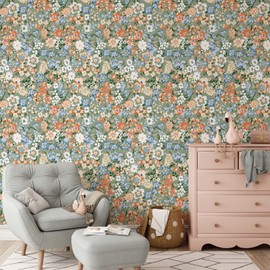 Coloritto Colorful Retro Floral Wallpaper | Removable Self Adhesive Botanical Wallpaper | Floral Peel and Stick Wallpaper (Sample 12" W x 8" H)