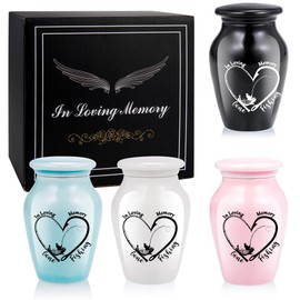 Gone Fishing Keepsake Urns for Human Ashes - Set of 4 Mini Shareable Ceramic Memorial Urns with Heart Pattern in Black, Pink, White,Lightblue