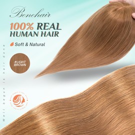 Benehair Hair Toppers for Women Real Human Hair 100% Remy Human Hair Pieces for Women with Thinning Hair Clip In 8 * 10cm Topper 8 Inch 30g Clip in Hair Extensions Light Brown