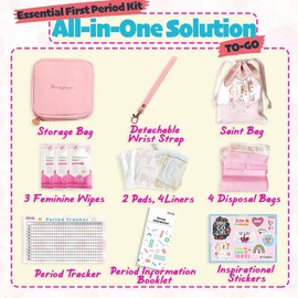 Essential Period Kit for Girls | MultipieYo First Period kit for Girls | Period Bags for Teen Girls | First Period Gift with Sanitary Pad Storage Bag, Wipes, Period Tracker and More
