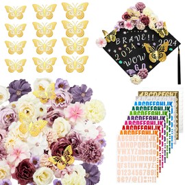 Hanaive 102 Pcs DIY Graduation Cap Decoration Kit Includes 80 Pcs Assorted Flower Heads 12 Pcs 3D Butterflies Decorations 10 Sheets Glitter Number Letter Stickers for Party Cap Gift(Purple, White)