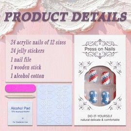 4th of July Press on Nails Short Square Red Blue Glossy False Nails Short Square Fake Nails Star Design Acrylic Nails Reusable Fake Nails Fully Cover Stick on Nails for Women Girls Nail Supplies 24Pcs