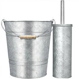 Farmhouse Bathroom Decor Trash Can and Toilet Brush Set，Farmhouse Bathroom Accessories for Vintage Bathroom Decor, Rustic Bathroom Accessories （Galvanized, Grey）
