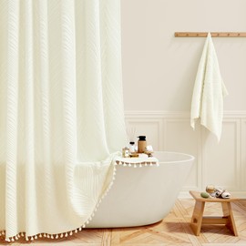 BTTN 84 Inch Extra Long Shower Curtain, 72x84 Tall Bohemian Tufted Striped Tassel Shower Curtain Set with 12 Hooks, Water Repellent, Boho Farmhouse Country Shower Curtains for Bathroom, Cream/Beige