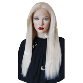 CiCiCa - “KIKI”, Lace Front Wigs, 28 Inches Long Wig, Straight Wig with Side Bangs, Bleach White Blonde Wig, Swiss Lace Wig, Premium Heat-Resistant Synthetic Hair Replacement Wigs for Women.