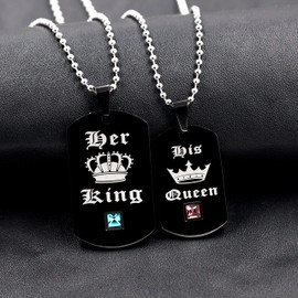 Uloveido His Queen and Her King Black Titanium Couple Pendant Necklaces with Crown Tag - His and Hers Matching Wedding Jewelry Sets for Men and Women with CZ SN115 (Black Necklaces/King Queen)
