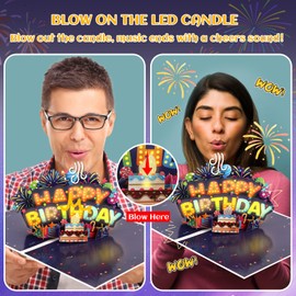 Ecloverlife Musical Birthday Cards for Men, Pop Up Greeting Cards With Lights With Blowable Candles Birthday Cards for Boys, Dads, Women, Sons