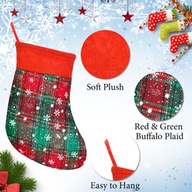 12PCS Mini Christmas Stockings, Small Red and Green Buffalo Plaide Xmas Hanging Stocking with White Snowflake for Christmas Tree Fireplace Decorations Dinner Table Ornaments(Red and Green Plaid)