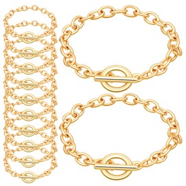 12 PCS Chains Bracelets for Jewelry Making, Gold Stainless Steel Charm Bracelet Chains Link Chain Bracelets with OT Toggle Clasp DIY Jewelry Making Chain for Women Men DIY Crafts Supplies Gifts