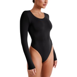 REORIA Womens Long Sleeve Bodysuits Fall Fashion Clothes 2024 Basic Round Neck Lightweight Double Lined Layering Undershirt Slim Body Suit Tops Black Small
