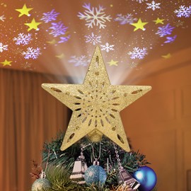 Christmas Tree Topper Star Gold, Diealles Shine Christmas Tree Topper with Dynamic LED Snow Projector, Glittering Christmas Tree Topper Star, Illuminated Star for Christmas Tree Decorations (24 x 26