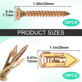 YALOJE 20PCS Self-Drilling Anchors, Metal Drywall Anchors Screws Kits Heavy Duty, Zinc Plated Anchors for TV, Cabinets, No Drill or Holes (10pcs 0.47 x 1.1 in Steel Anchors, 10pcs Zinc Screws)