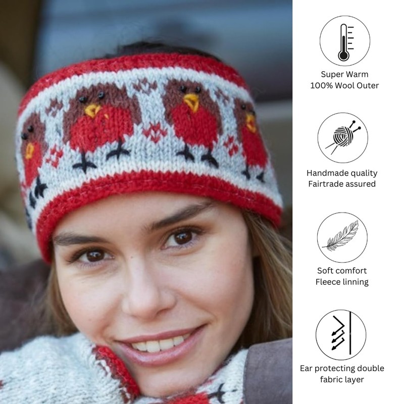 Pachamama Women Wool Ear Warmer Headband Fleece Lined Handknitted Robin