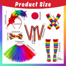 Yezmo 7 PCS Clown Costume Set for Women Feathers Headband Gloves Socks Rainbow Tutu Skirt Y Back Adjustable Suspender Bowtie Nose
