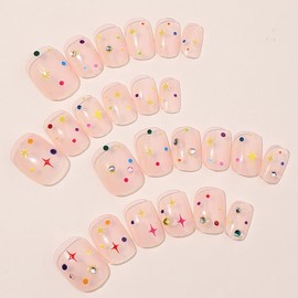 Star Press on Nails Short Square Spring and Summer Stars Nude Pink Fake Nails Full Cover Cover Glossy with Nail Rhinestone Designs Glue on Nails Acrylic Cute False Nails for Women Daily Decoration