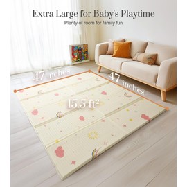Extra Large Foldable Play Mat, Reversible Baby Play Mat, Non-Toxic & Waterproof Baby Mat for Floor, Foam Play Mat with Travel Bag for Infants Toddlers Tummy Time, Rainbow, Cloud & Moon, 47'' x 47''