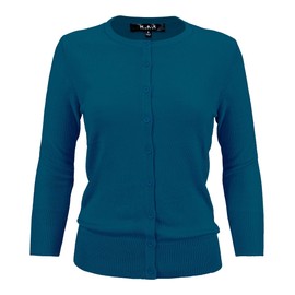 YEMAK Women's Knit Cardigan Sweater – 3/4 Sleeve Crewneck Basic Classic Casual Button Down Soft Lightweight Knitted Top CO079-TBL-S Teal Blue