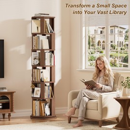 BACEKOLL Rotating Bookshelf Tower, 6 Tier Spinning Book Shelf, Wood Round Revolving Bookcase, Narrow Rolling Bookshelves, Vertical Book Storage for Corner Small Spaces, Bedroom, Living Room,Walnut