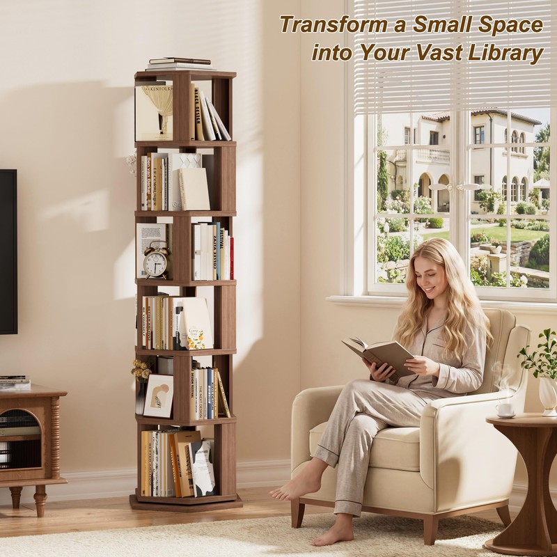 BACEKOLL Rotating Bookshelf Tower, 6 Tier Spinning Book Shelf, Wood
