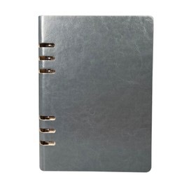 Grey, A5 Size (17 x 23 cm/6.6 x 9 inch) Leather Ring Binder Notebook, Refillable, Stainless Steel, Cut-Out Notepad, 100 Pages, Waterproof, Easy-Open Switch