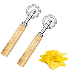 2 PCS Pastry Wheel Cutter， Pasta Cutter Wheel with Long Wooden Handle, Zinc Alloy Dough Ravioli Cutter Wheel with Roller, Making for Home and Kitchen