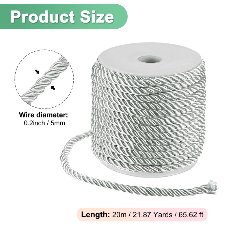 M METERXITY 22 Yards Twisted Rope Trim, 5mm/0.2" Silver Gray