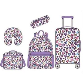 Kids Luggage with Spinner Wheels 5 Piece Carry on Suitcases for Girls Backpack with Lunch Box Pencil Case 16" Toddler Suitcase Set Airline Approved (Bainbow Leopard)