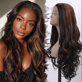EssionTech Long Brown with Highlight Synthetic Lace Front Wig Heat Resistant Body Wave Lace Front Wavy Wigs Free Part Natural Hair Wig for Women 24 Inch Fashion Glueless (24 Inch)