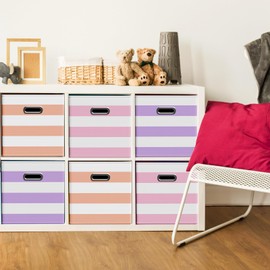 CroBlissful 6 Pcs Fabric Storage Cubes with Metal Handle 11 Inch Macaron Colored Striped Style Collapsible Bins Cube Storage Organizer for Clothes Books Sundries(Purple, Pink, Peachpuff)